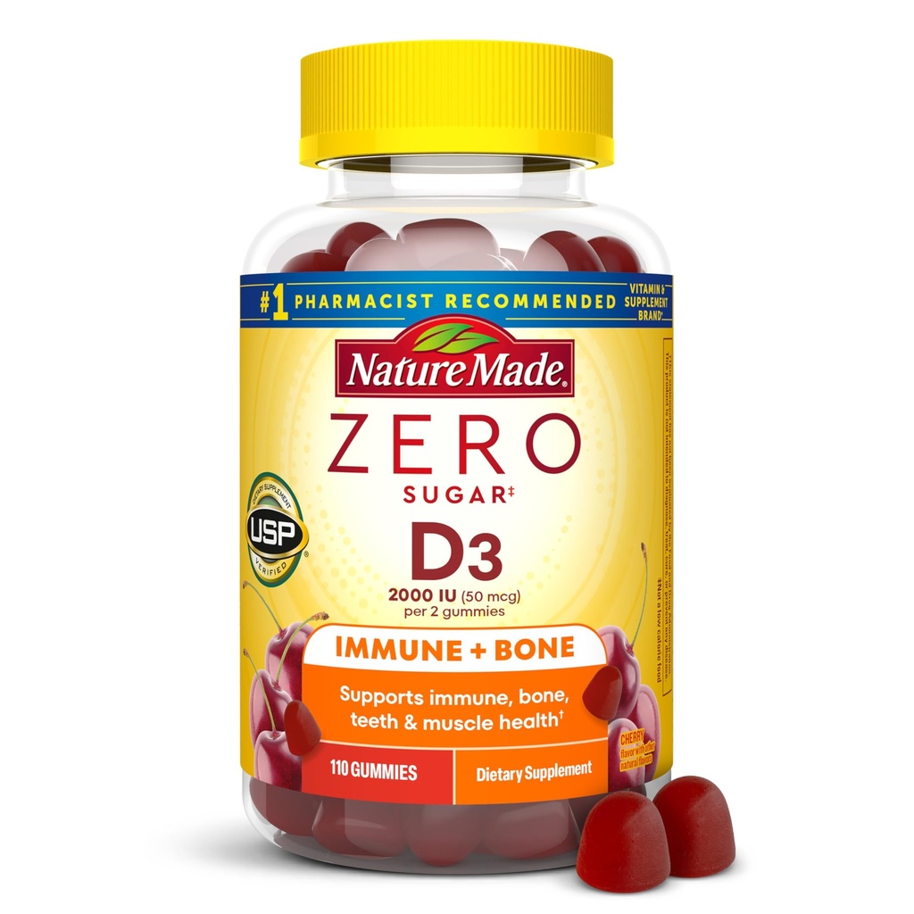 Nature Made Zero Sugar Vitamin D3 Gummies 2000 IU (50 mcg) Per Serving, Bone & Immune Support, Aspartame Free, 110 Vitamin D Gummies, 55 giorni di alimentazione