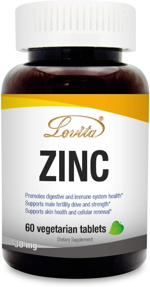 Lovita Zinc 30mg | Integratori di zinco a caldo per uomini e donne | Vegan, Non OGM, per il supporto immunitario e la pelle sana | Gluten Free | 60 compresse