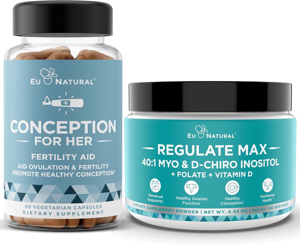 Concezione per le sue capsule + Regolare MAX Myo-Inositol D-Chiro Inositol Powder - Supporto per fertilità, bilancia dell'ormone, cicli di regolazione - 60 capsule vegetali vegetariane + 60 Serve polvere