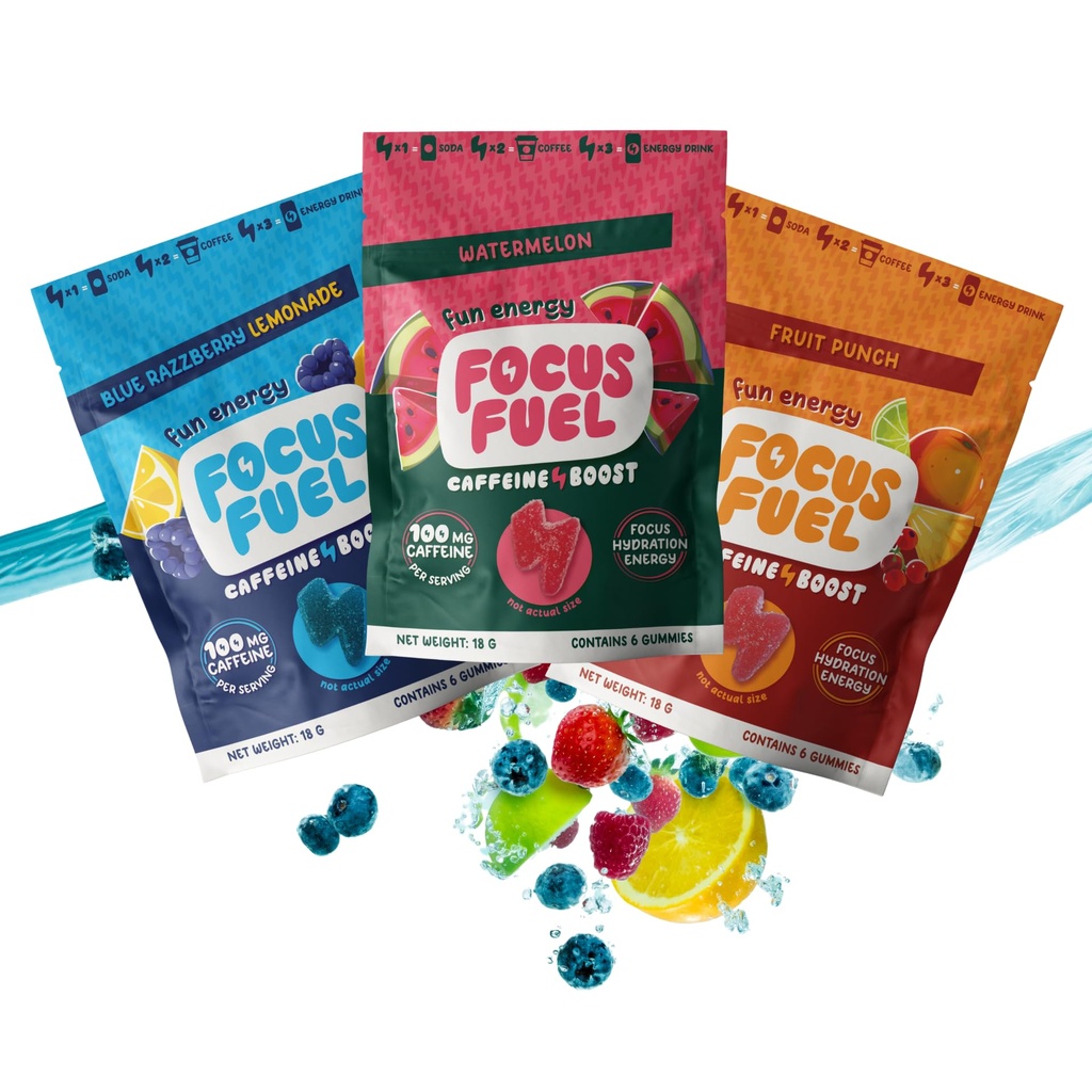 FocusFuel Energy Chews – Trial Size Variety Sample Pack (9 Serve) – 100mg Caffeina + Alpha GPC + L-teanina + B12, Magnesio – Blue Razzberry Lemonade, Watermelon, Fruit Punch – Nessun Crash o Jitters