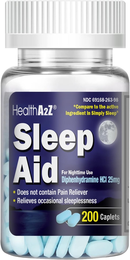 HealthA2Z Sleep Aid 200 Caplets | Diphenhydramine HCl 25mg | Pillole dormienti a resistenza regolare | Safe & Non-Habit-Forming
