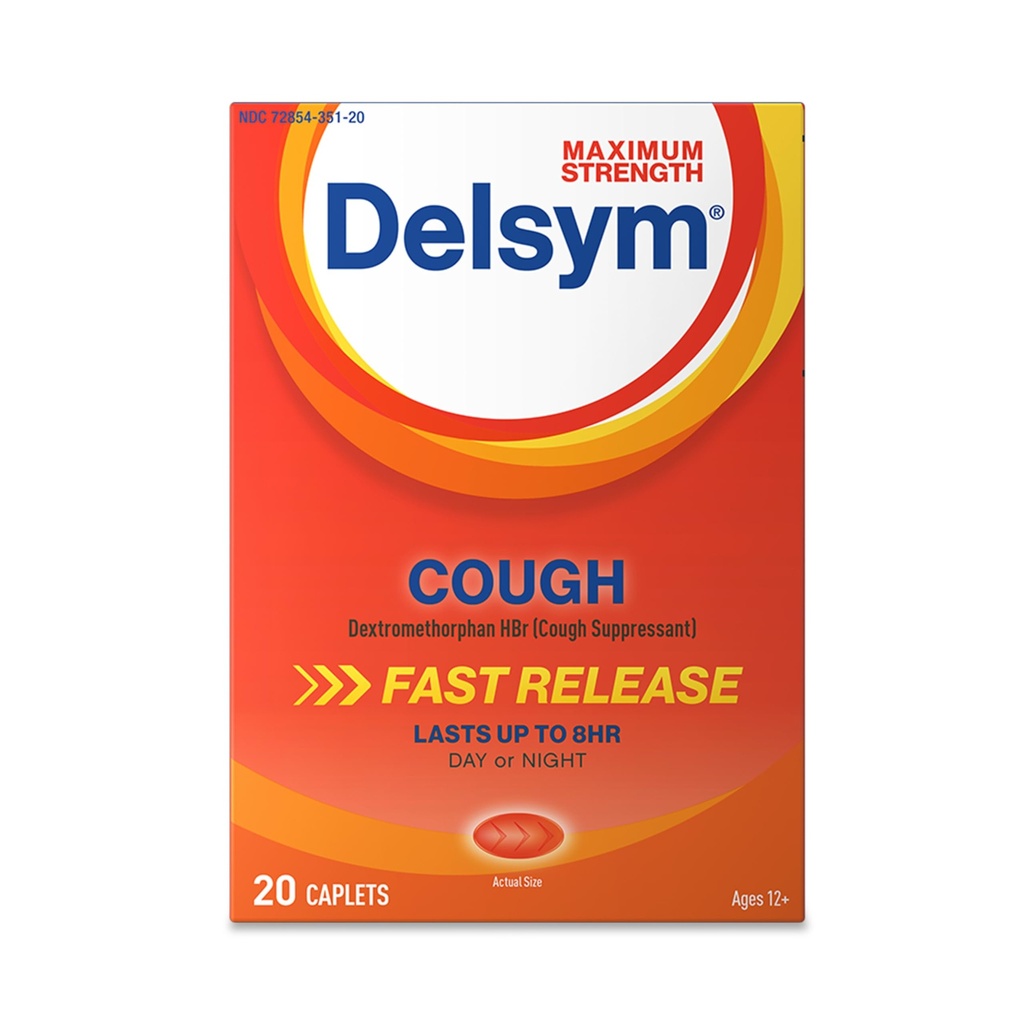 Delsym Suppressant di tosse di massima resistenza, Caplets di rilascio rapido, dura fino a 8 giorno o notte, 20 conte
