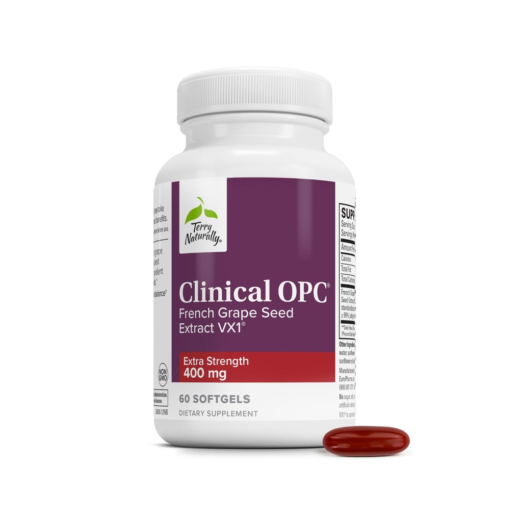 Terry Naturally Clinical OPC Extra Strength - Cardiovascular Health & Focus Support - Integratore con Estratto di semi di Uva - Integratore di supporto immunitario - 60 Softgels