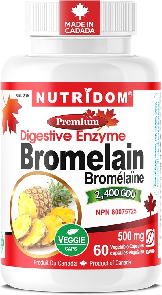 Nutrido Bromelain Integratori di ananas enzime digestivi, 2400 GDU, 500mg, Non OGM, Vegan, Libero di Gluten, Soy & Dairy (60 Conte)