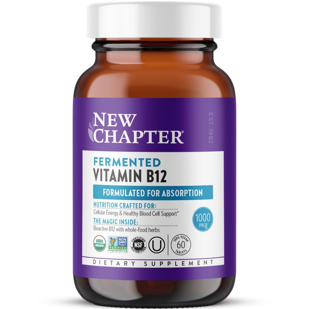 Nuovo Capitolo Fermentato Vitamina B12 1.000 mcg, USDA Organic, UNO Quotidiano per l'Energia Cellulare + Sangue Cellulare, Certificato Vegan, Gluten Free - 60 Conte