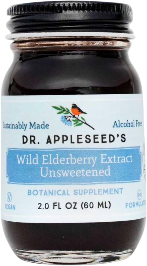 Dr. Appleseed's Wild Elderberry Extract Unsweetened Max Strength 720mg Bambini + Adulti Supplemento giornaliero Immune Medico- Formulato Scienza-Backed Pure Vegan 25 giorni – 2 Fl Oz