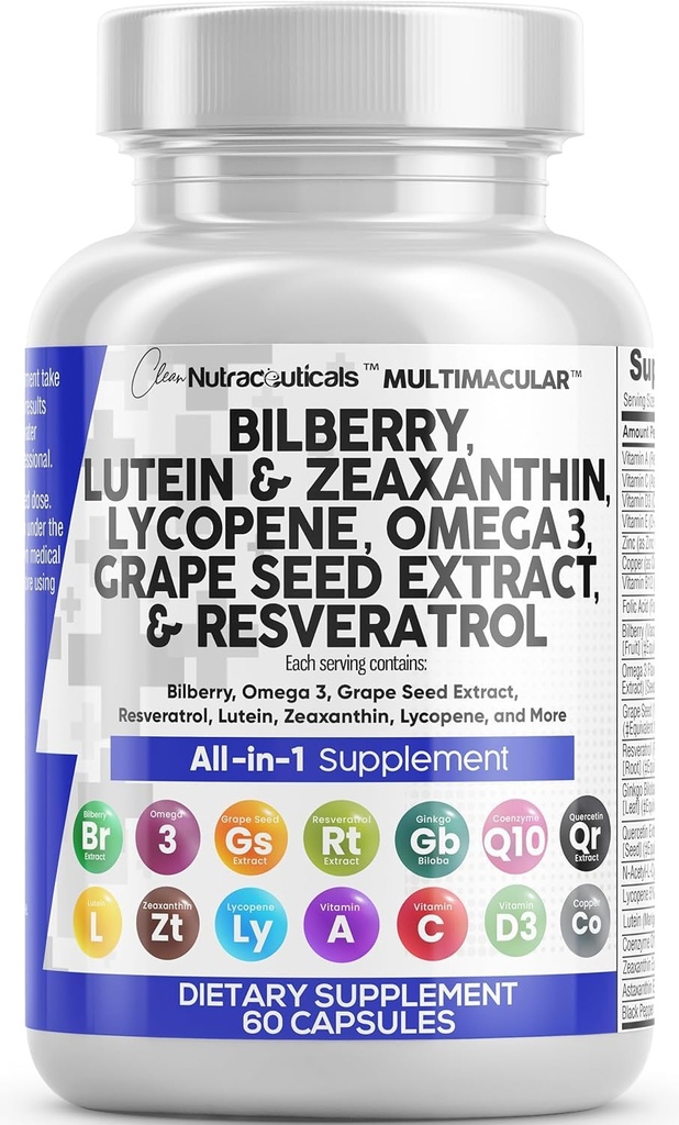 Vitamine di occhio di Nutra Pulite con Luteina di Bilberry e Zeaxanthin Supplementi Lycopene 40mg Resveratrolo Grape Seed Astaxanthin per gli occhi - Eye Care Health Support Eye Vitamina e Supplementi minerali