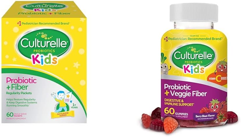 Culturelle Kids Probiotic + Fiber Packets 60 Count & Daily Probiotic Gummies 60 Count - Salute Digestiva & Immune