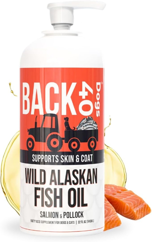 BACK 40 Cani Wild Alaskan Fish Oil per cani, pelle e cappotto supplemento per cani e gatti, Omega-3-Rich Salmon e Pollock olio, EPA & DHA Dog Salmon olio per cervello, cuore e articolazioni 32 fl oz