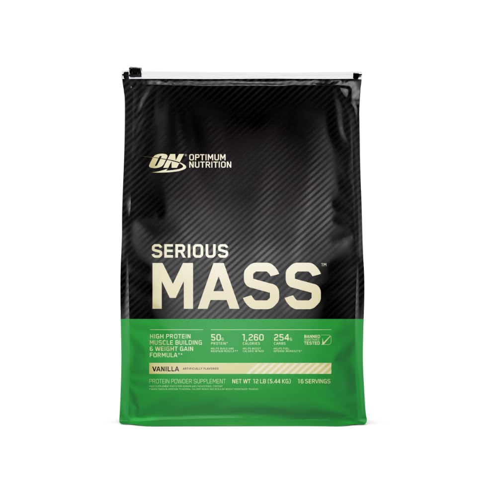 Optimum Nutrition Serious Mass Weight Gainer Protein Powder, Vitamina C e Zinc per Supporto Immune, Vanilla, 12 Pound (Packaging May Vary)