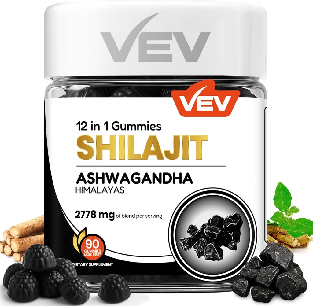 VEV Shilajit Gummies per gli uomini e le donne | 1000mg Shilajit & Ashwagandha Gummies con Sea Moss & L-teanina per l'energia, Vitality & Stress Balance | Vegan, Non Aggiunto Sugar | 90 Count for Daily Wellness