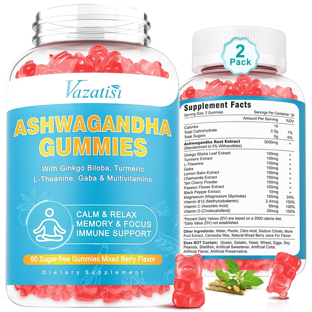 2 Pack Ashwagandha Gummies con Turmeric GABA Mood Energy e Supporto Immune, Misto di Berry Flavor 120 Ct