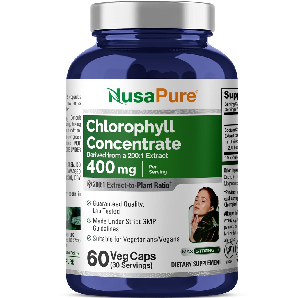 NusaPure clorofilla 200:1 estratto, 400 mg Equivalente a 80.000mg 60 Caps Veggie (Equivalente 80000mg per porzione, Non OGM, Vegan) Clorofillina di rame di sodio