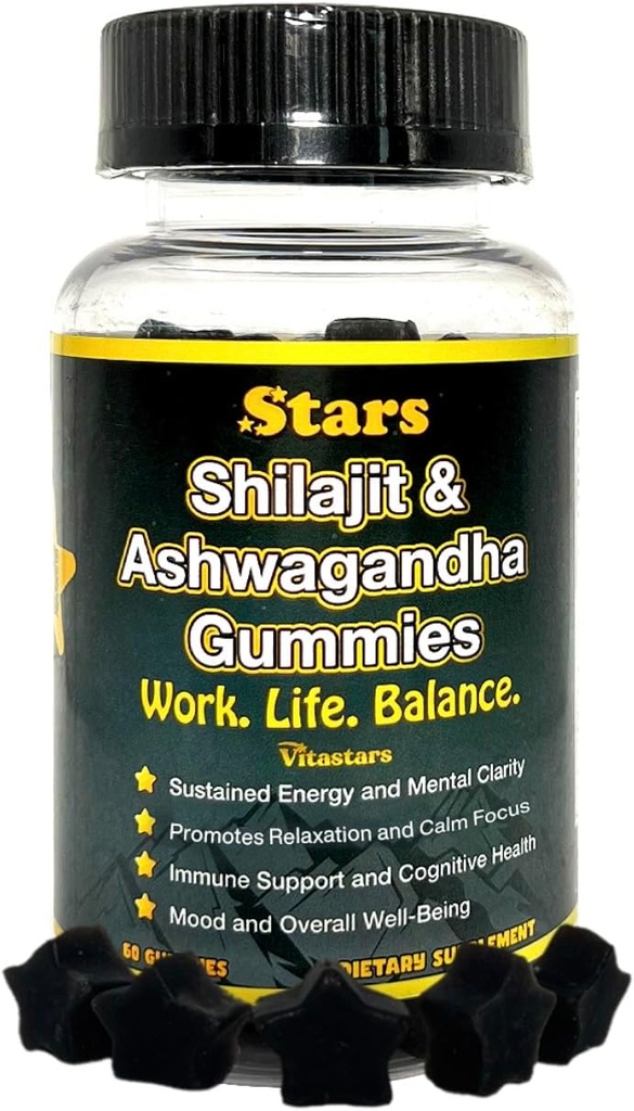 Shilajit Ashwagandha Gummies - Integratore di Supporto Immune con Pure Shilajit Resina - Organic Ashwagandha Gummy for Stress, Energy & Wellness, 60 Natural Star-Shaped Gummies