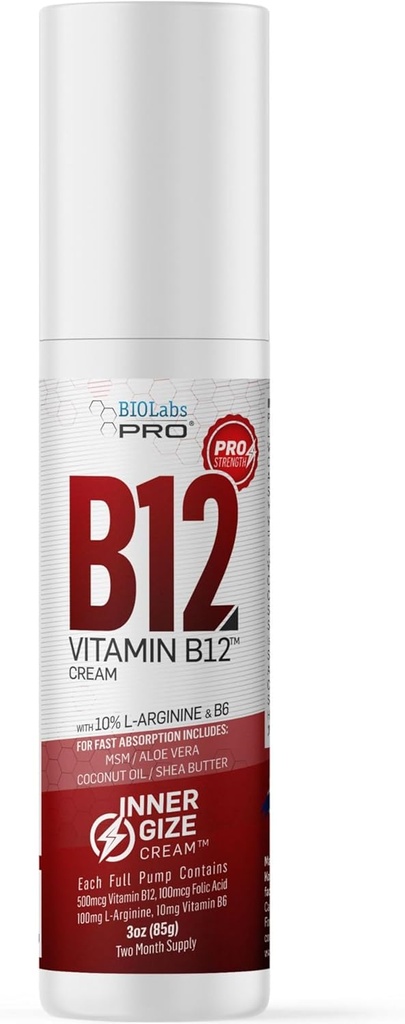BIOLABS PRO INNERGIZE B12 Crema - All Natural Topical B12 w/B6 & 10% L-Arginina - Supporto neurologico avanzato e preallenamento - Professional Grade Methyl B12 - B6