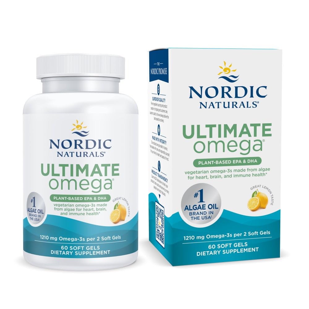 Nordic Naturals Plant Based Ultimate Omega, Limone Flavor - 60 Gel Per vegetariani - 1210 mg Omega-3 - Vegan EPA e DHA - Supplemento Fatto da Alghe - Brain & Heart Support - Non-GMO - 30 Serve