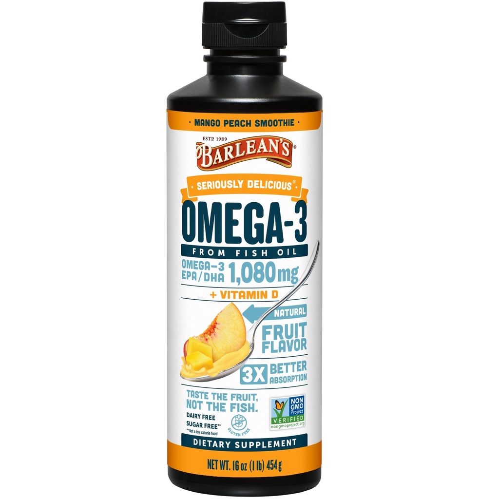 Integratore liquido dell'olio di pesce Omega 3 di Barlean con vitamina D per gli uomini e le donne, 1080 mg di acido grasso EPA e DHA, promuove la salute del cervello e del cuore - non OGM, pesca di mango, 16 oz