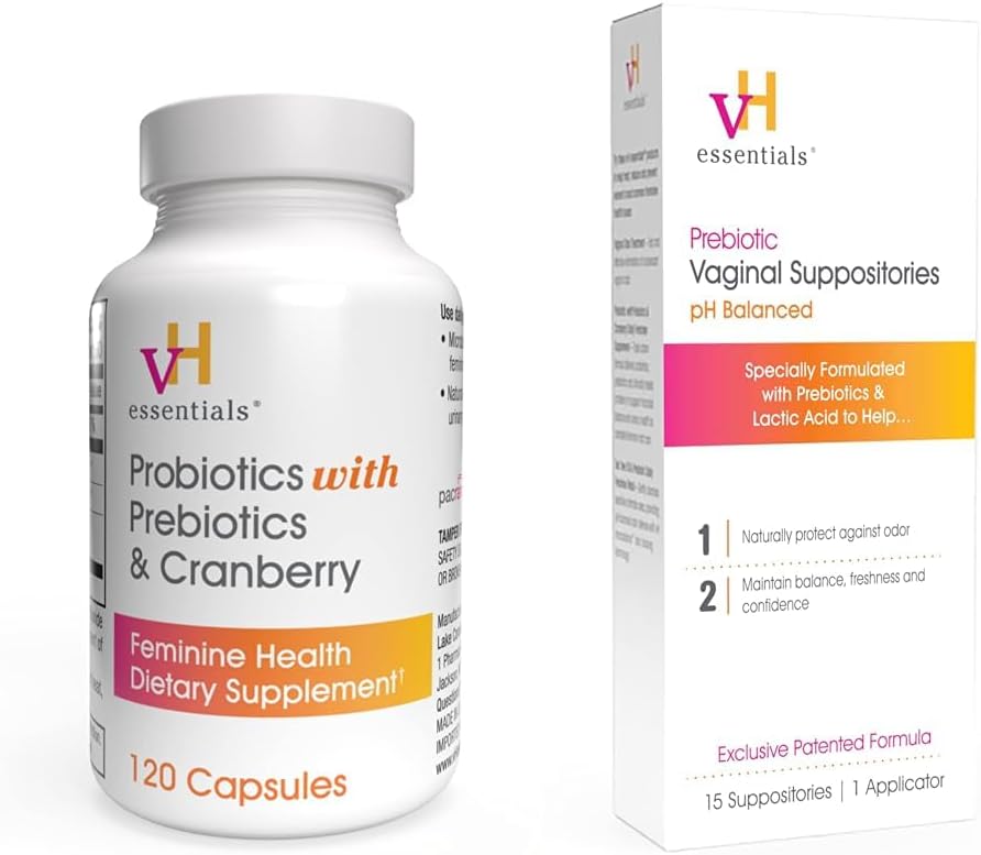vH essenziali Probiotici con Prebiotici e Cranberry Feminine Health Supplement - 120 capsule (544-36) & Prebiotic PH Balanced Vaginal SuppositoriesBox, Versione originale, 15 conte