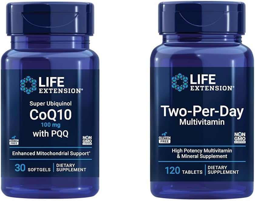 Estensione della vita Super Ubiquinol CoQ10 100mg 30 Softgels Supporto per l'energia cellulare Bundle con due per giorno alta potenza 120 Tablet Multivitamin