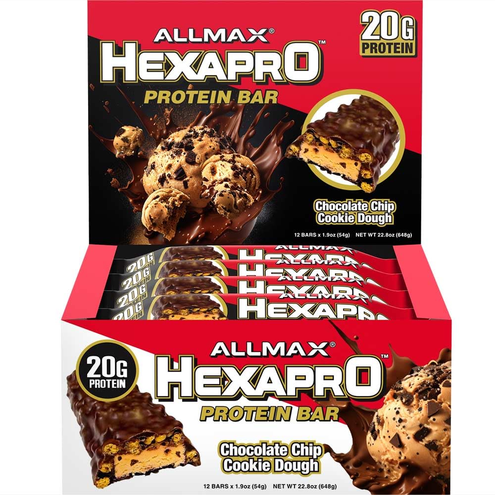 ALLMAX HEXAPRO PROTEIN BAR, Chocolate Chip Cookie Dough - Confezione da 12 - High-Protein Energy Snack - 20 g di Protein Per Bar - Con Protein Isolate