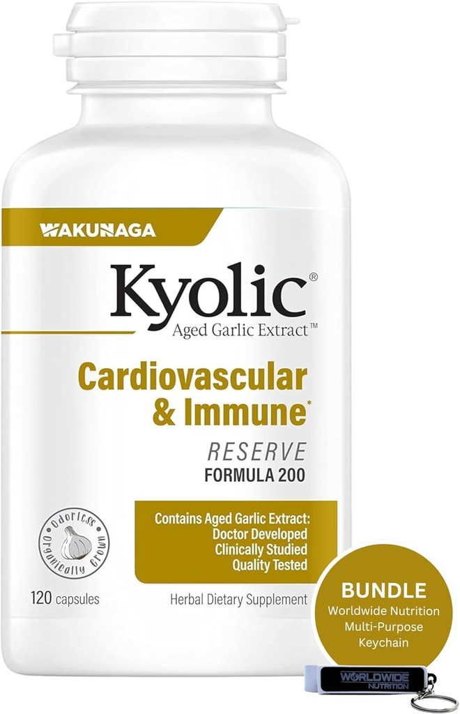 In tutto il mondo Nutrition Bundle Compatibile con Estratto di aglio Kyolic Aged, Cardiovascular & Immune - Riserva Formula 200, Estratto di aglio Kyolc Aged Capsule 120 Conte e catena chiave Multi-Purpose