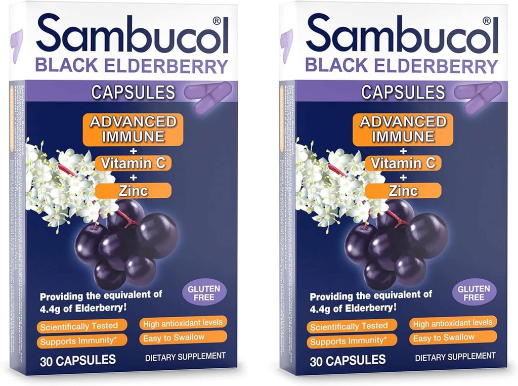 Sambucol Black Elderberry Capsule - Immune Avanzato, Vitamina C e Zinco, Elderberry Capsule, Supporto Immune, Integratori Black Elderberry, Gluten Free, Facile da Ingoiare Capsule - 30 Conte, 2-Pack