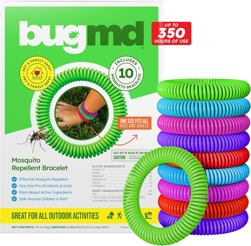 BugMD 10 Pack Braccialetti di zanzara, bande senza DEET per adulti e bambini, Citronella naturale e impermeabile per campeggio, escursionismo, spiaggia, viaggi &amp; outdoor Essentials