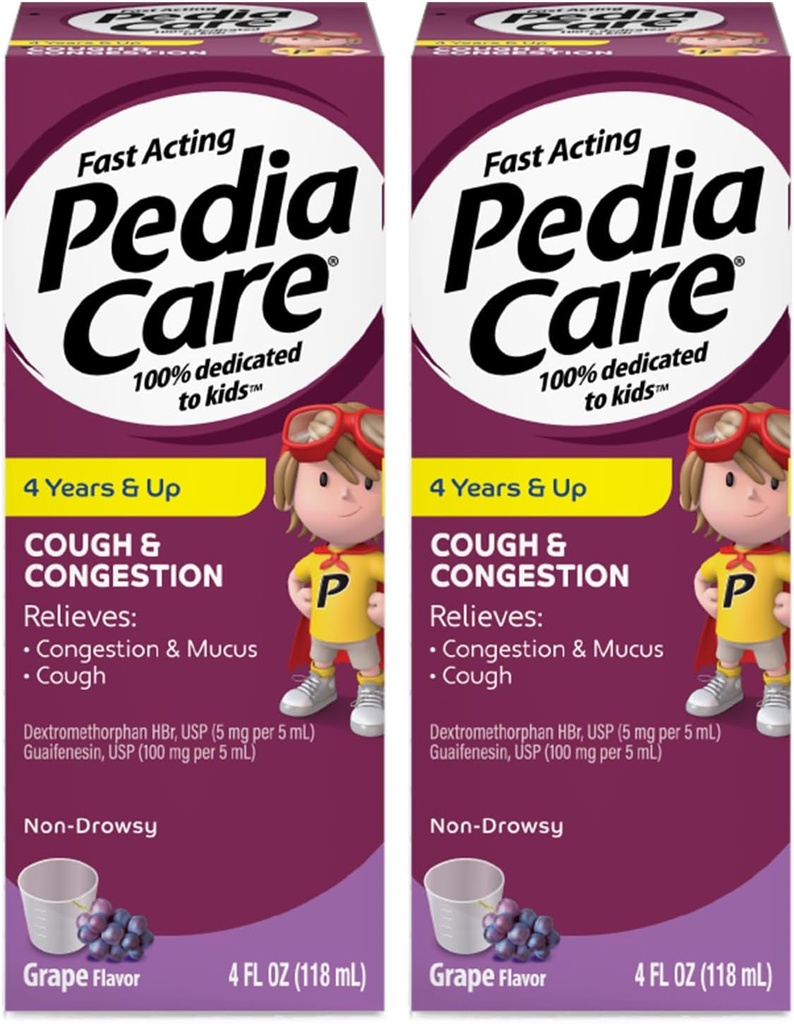 Medicina liquida della tosse e della congestione per tosse, congestione del petto e sintomi freddi del muco, non sonnolenza, età 4+, aroma dell'uva, 4 fl oz (2 pacchetto)