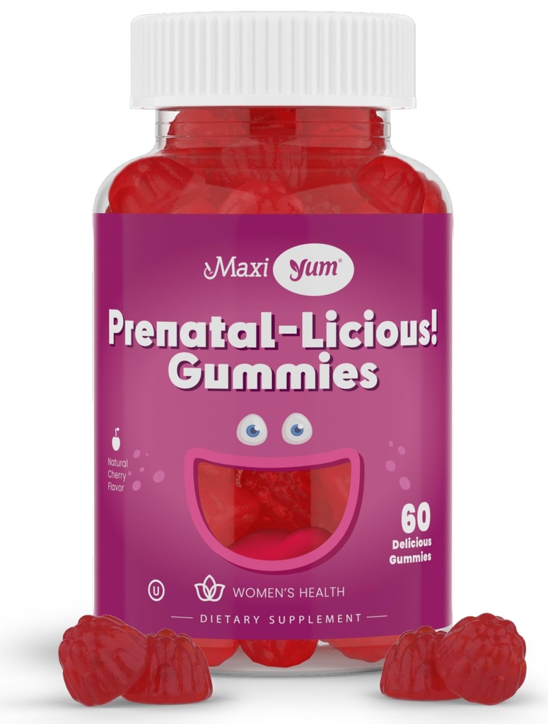 Gummie prenatali organiche delle donne di Maxi Health - Kosher Cherry Gummie aromatizzate Pre Natal Gummy - Vitamine prenatali per le donne con acido folico e ferro per lo sviluppo fetale, 60 Conte