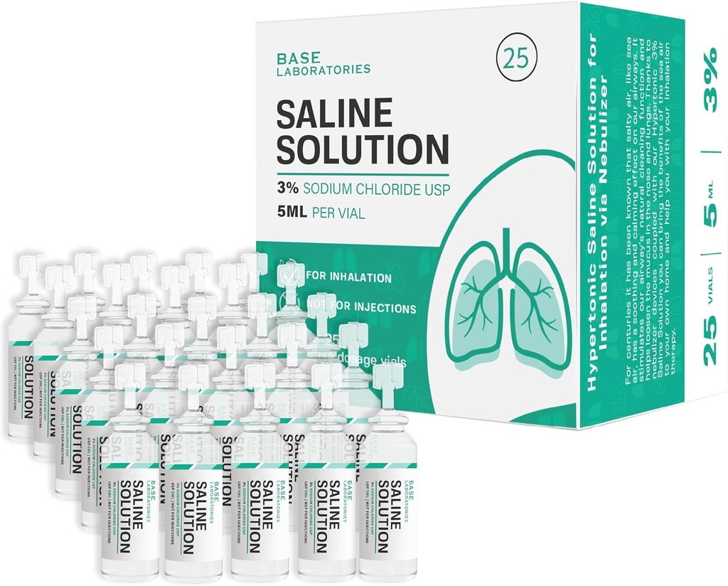 BASE LABORATORIES 3% Soluzione Saline per Nebulizzatore Macchina | Soluzione Saline per Inalazione e Irrigazione Nasale | Alta 3% Concentrazione l 25 Vials Dose unità 5ml
