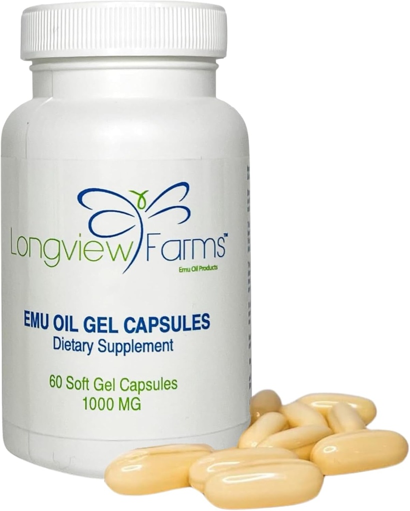 Longview Farms® Emu Oil Gel Capsule | 100% Pure Emu Oil per la salute della pelle, la mobilità e il benessere generale | Natural Omega 3, 6, 9, e Vitamine essenziali | 60 capsule