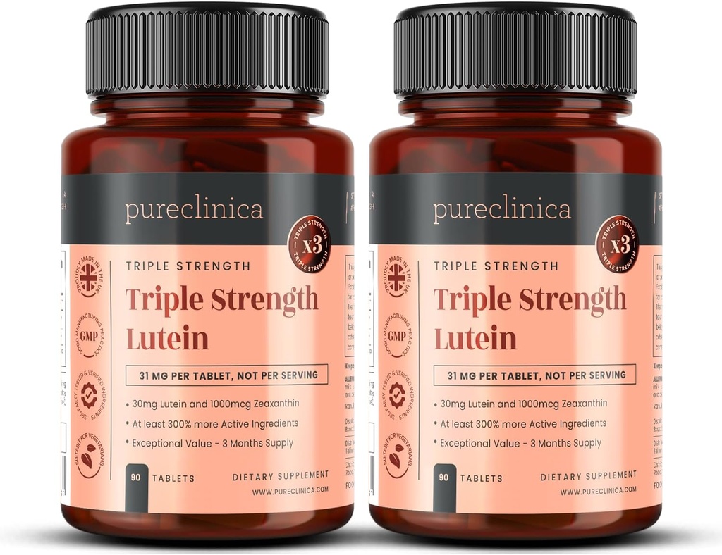 pureclinica Lutein 30mg x 180 Compresse (2 Bottiglie con 90 compresse in Ogni). con 1000mcg Zeaxanthin. 3 x La forza delle compresse di Lutein regolari