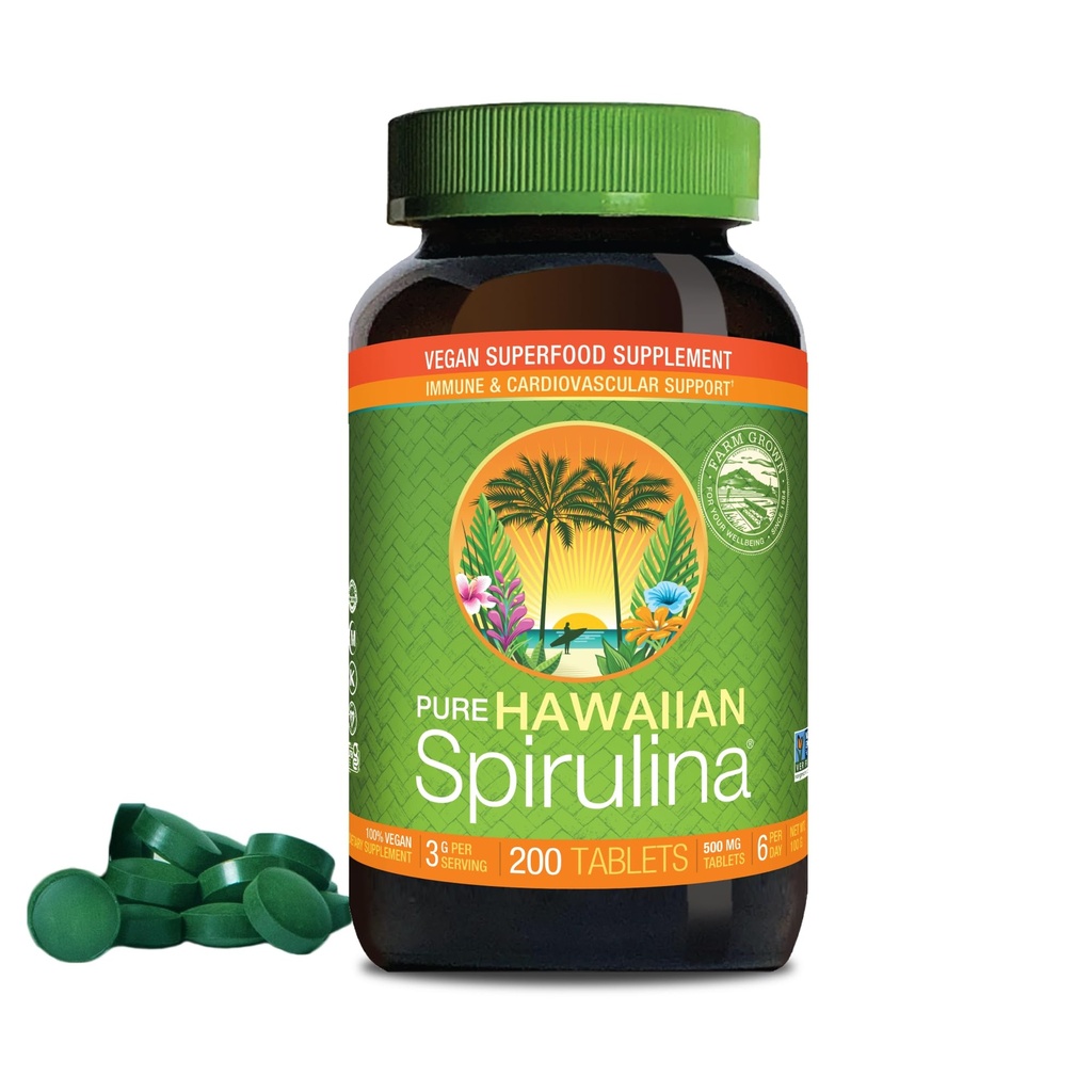 Nutrex Hawaii, Pure Hawaiian Spirulina 500 mg, Vegan, Supporta sistema immunitario, Cuore, Celle ed Energia, 200 compresse