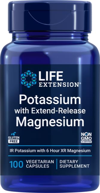 Estensione di vita 99mg Potassio con Extend-Release Magnesium 250mg, 100 Caps Veg - Gluten-Free – Non-OGM – Integratore Vegetariano per Uomini e Donne - Formula minerale a doppia azione