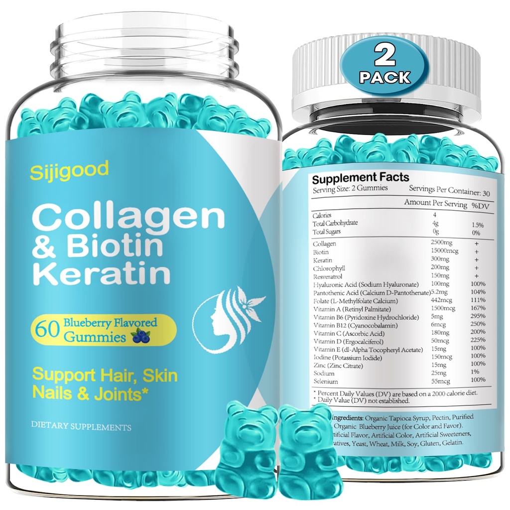2 pacchi di biotina con collagene, cheratina, acido ialuronico, vitamina per pelle, crescita dei capelli, unghie, donne uomini adulti bambini - mirtillo aromatizzato, 120 gommie
