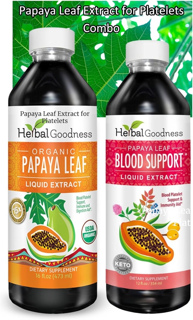 Estratto di foglie di Papaya Bundle - Combo di supporto digestivo e sanguigno, 2 unità, 12oz e 16oz Non OGM - Bontà erbosa