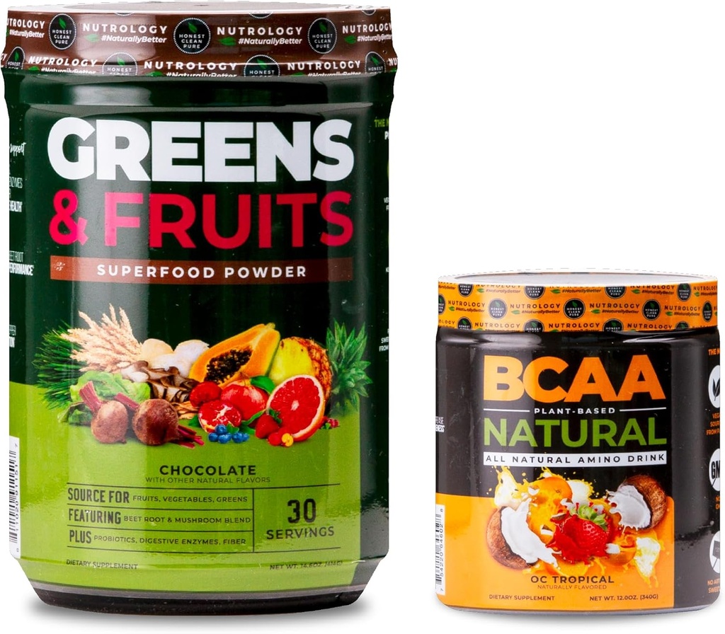 Nutrologia Greens & Fruits Powder-Naturally Sourced Superfood, Cioccolato (30 Serve) BCAA naturale, polvere BCAA a base vegetale, aroma di cocco arancione (30 Serve)