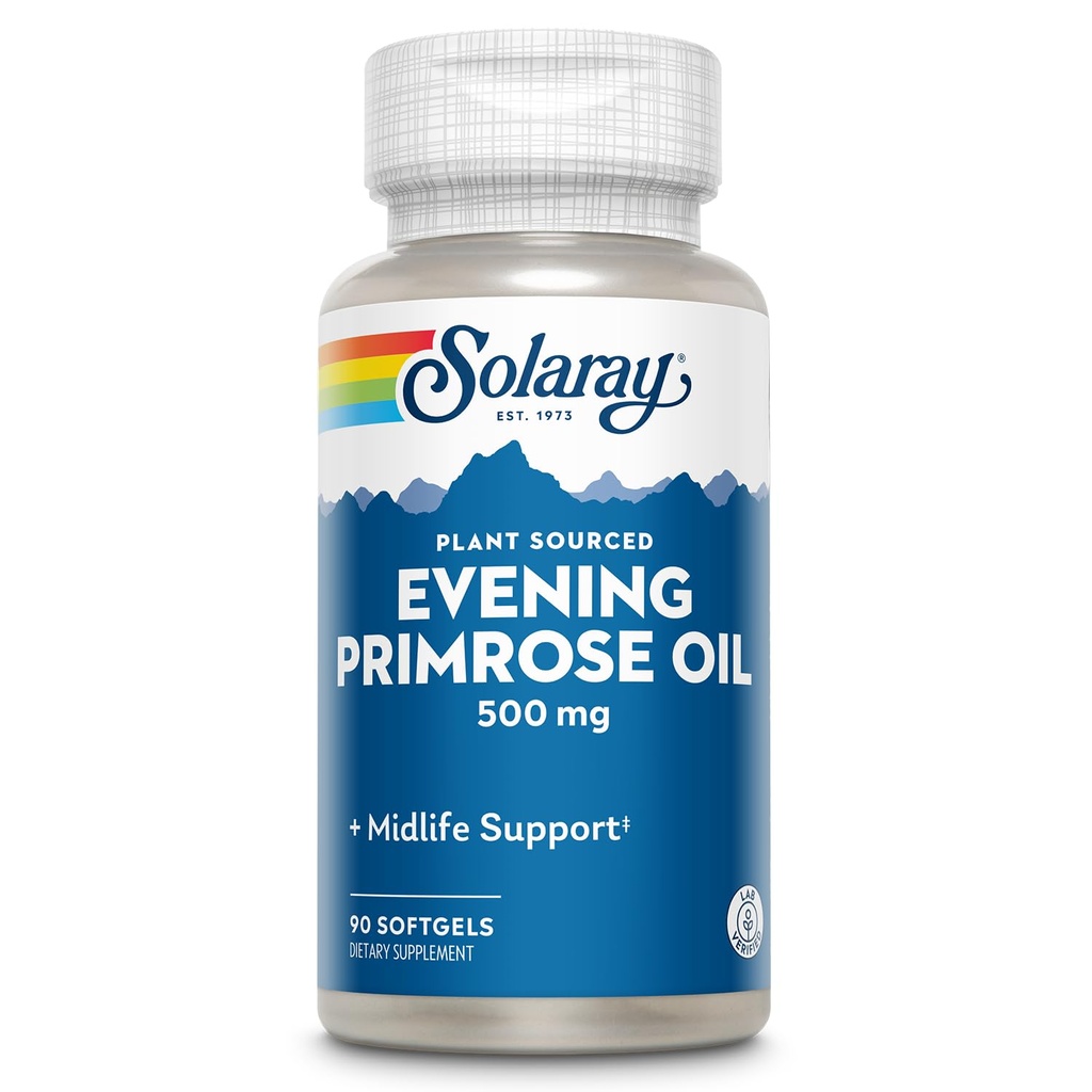 SOLARAY Olio di Primrose ad alta potenza 500mg - Supporto di mezza vita - Fonte di acido linolenico Gamma e acido linoleico - Nessun solventi, pressato a freddo - 90 Serve, 90 Softgels
