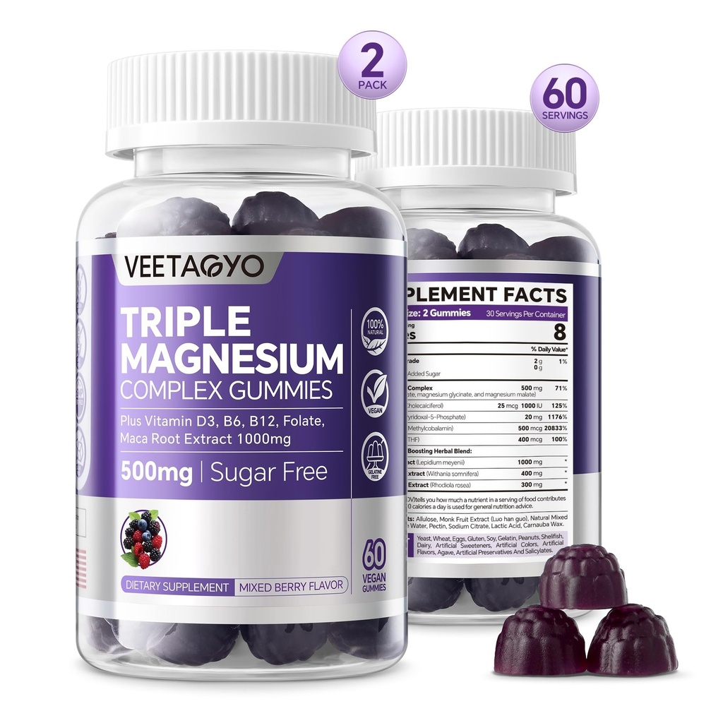 Magnesio Gummies 500mg 400mg | Alta Assorbimento, Bone, Nervi, Muscolo | 3 Forme di Magnesio Integratore Complesso Glycinate,Taurate,Malate | Adulti - Vegan, Senza Aceto, 120Cts