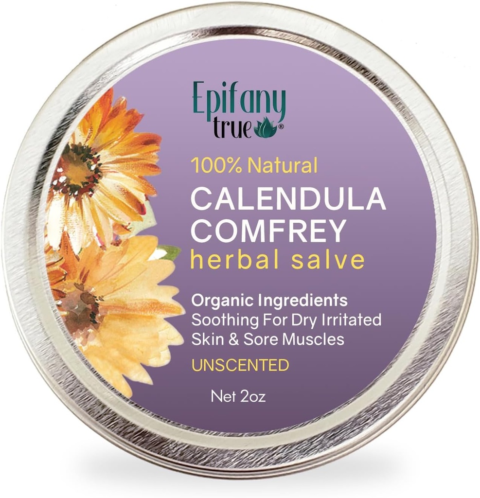 Calendula & Comfrey Herbal Salve 2oz, Fragrance Free, Natural Herbal Ointment, Dry Skin Soothing Balm, Itch Relief, Ingredienti organici