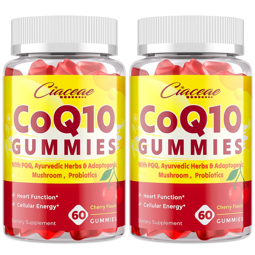 CoQ10 Gummies con PQQ - 400 MG Coenzyme Q10 alta potenza, potenziato con erbe ayurvediche, adaptogenic Mushroom Blend & Probiotics per cuore, cervello, energia, immunità, Cherry Flavor, 120 Vegan Gummies