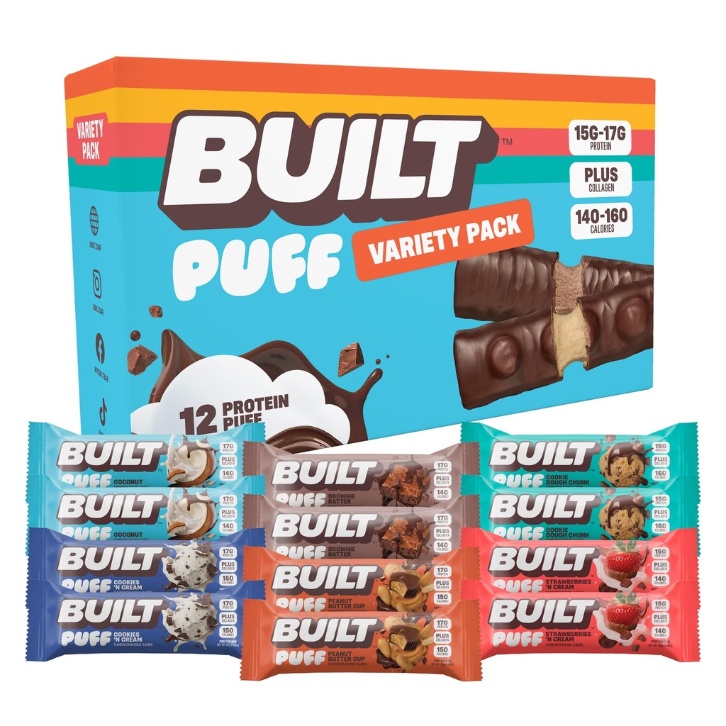 Bar costruito, Barre di proteine di Puff, Variety Pack, Collagen, Snack on-the-go, Bar per la colazione, Sampler misto, 12 Pack