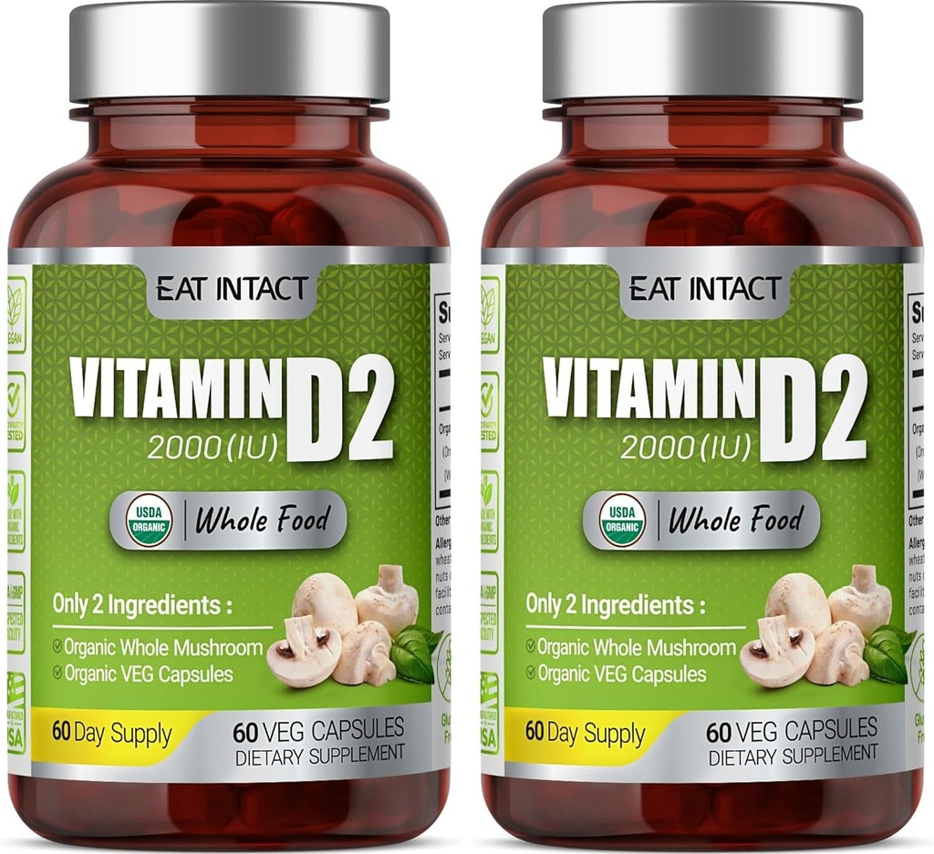 Organic Vegan Whole Food Vitamin D2 (2 Pack), 2000 IU (50 mcg), Due Ingredienti (Organic Whole Mushroom Organic Vegan Capsule), Non OGM, 120 giorni di alimentazione