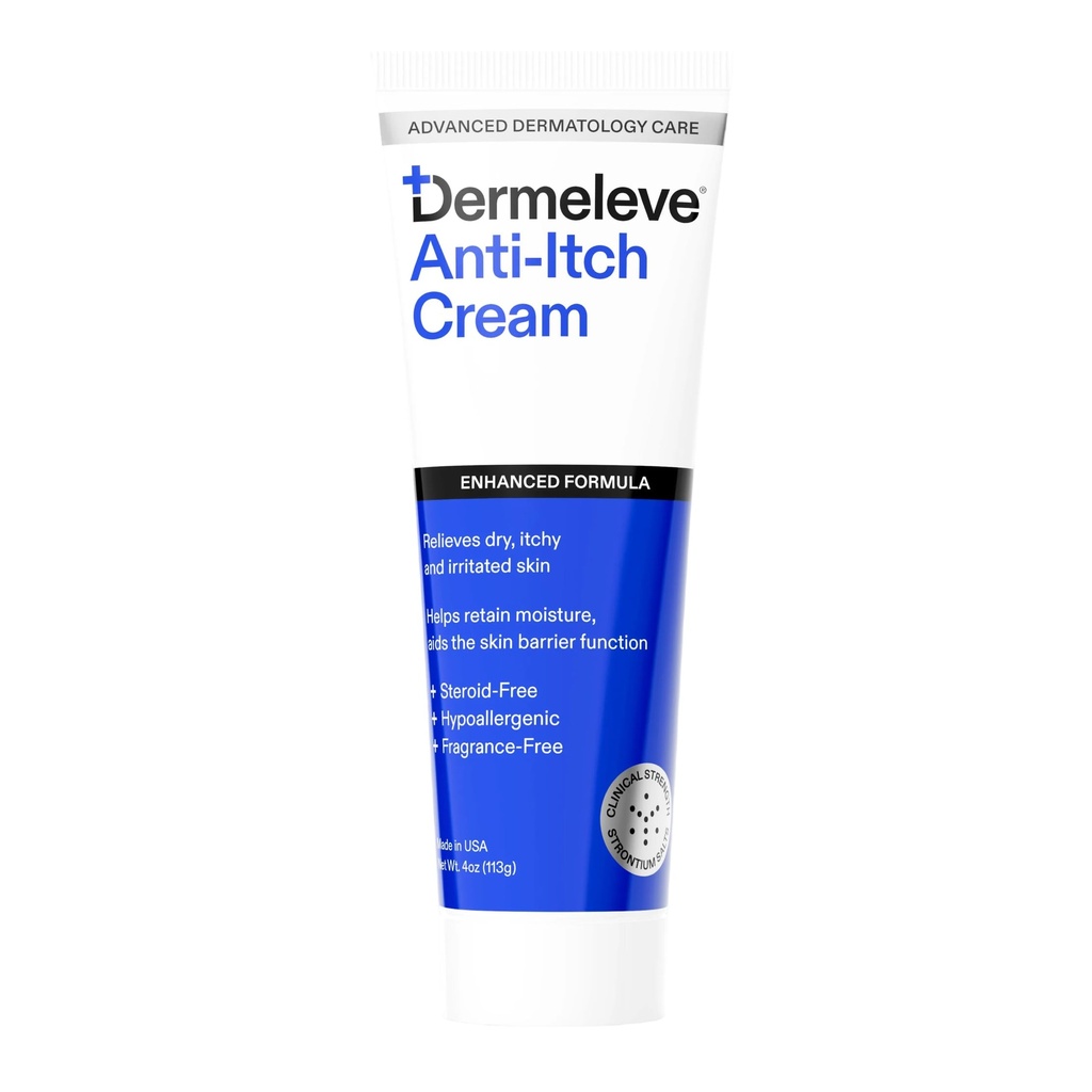 Dermeleve Steroid Free Anti-Itch Cream | Extra Strength for Psoriasis, Dermatite seborroica, Rash virale, Bug Bites, Allergy, Cronico Hives, Neuropathy (Nerve) | Full Body Itch Relief | 4 oz (1 Confezione)