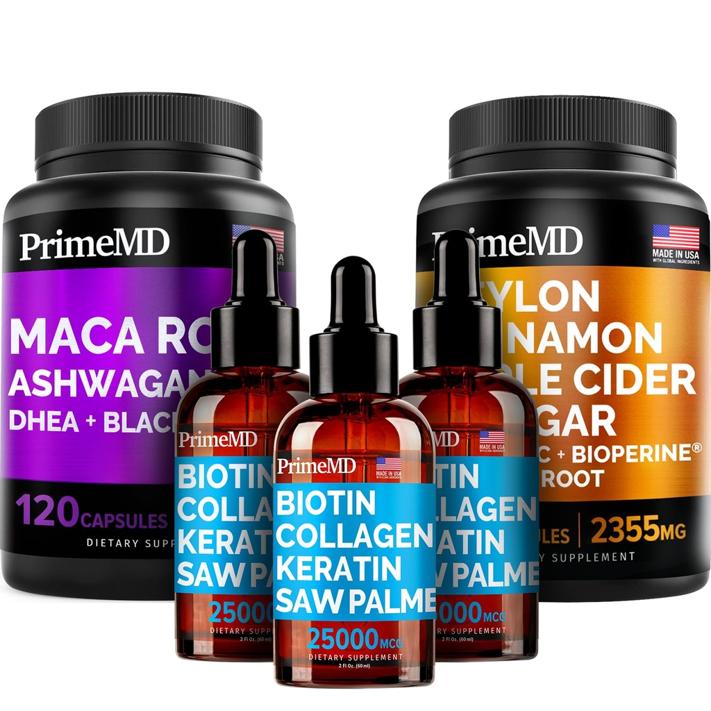 5-in-1 Cannella di Ceylon (120ct), 4-in-1 Collage di Biotina sega Palmetto (2 fl oz - 3 Pack) & 6-in-1 Maca radice Ashwagandha (120ct) Bundle - Energia, Mood, capelli, pelle e supporto immunitario