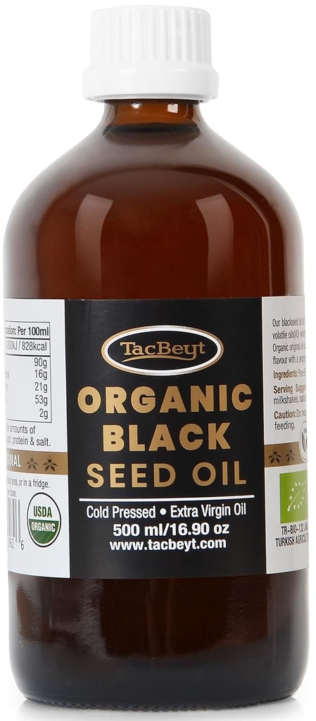 Olio di semi nero TacBeyt, Liquido pressato a freddo biologico, 2% Thymoquinone, Olio di semi nero originale turco, Certificato USDA, Senza glutine, Non OGM, Pressed a freddo, (Original 16.90 Fl Oz)