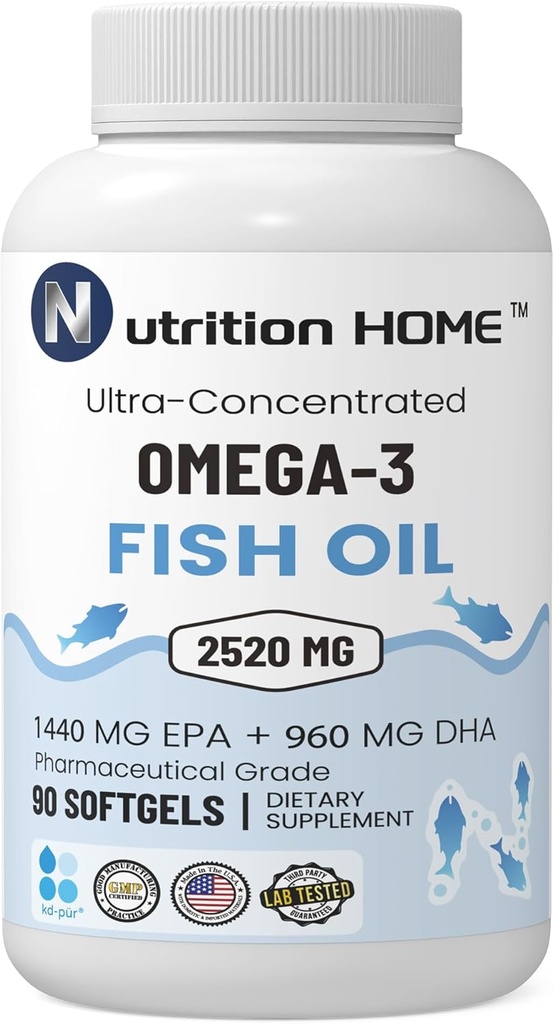 Triple Strength Omega 3 Fish Oil 3000 mg EPA & DHA, 2520mg di omega 3 acidi grassi 1440mg EPA + 960mg DHA migliori acidi grassi essenziali Premium Burpless Softgel integratori (90)