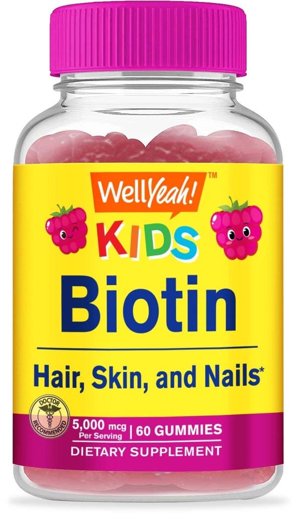 WellYes Biotin Gummies per bambini 5000 mcg - Supporta la crescita dei capelli, la salute della pelle e le unghie - Natural Source Flavors - GMO Free, Gluten Free - Gummy for Boys and Girls - 60 Count