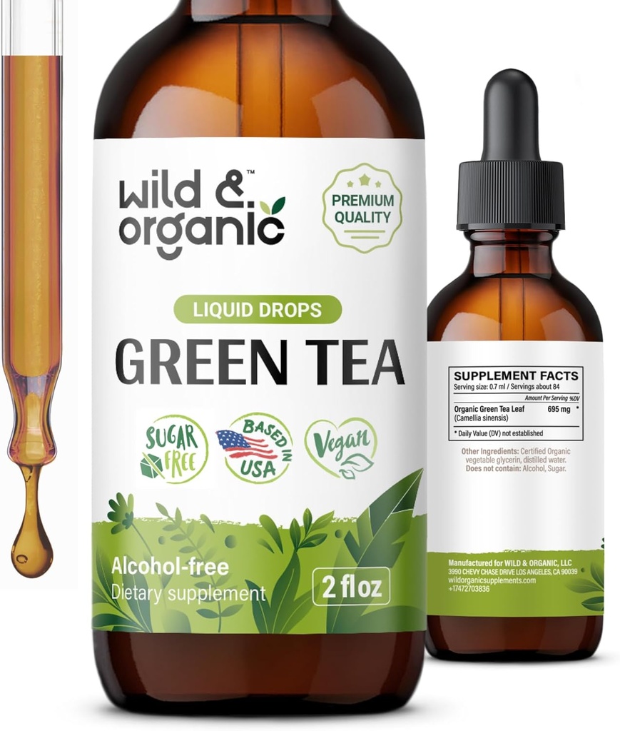 Estratto di tè verde selvatico e biologico Gocce liquide - Supplemento antiossidante - Integratori di tè verde naturale w/Camelia Sinensis - Vegan, Tintura senza zucchero e alcol - 2 fl oz
