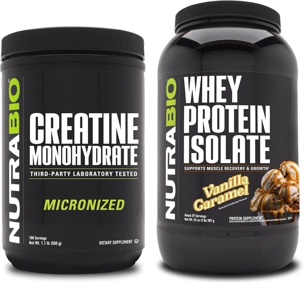 NutraBio Creatina monoidrato, non aromatizzato, 500g e Whey Protein Isolate, Vanilla Caramel, Supplement Bundle - Muscle Energy, Lean Muscle Growth, Recovery, and Strength